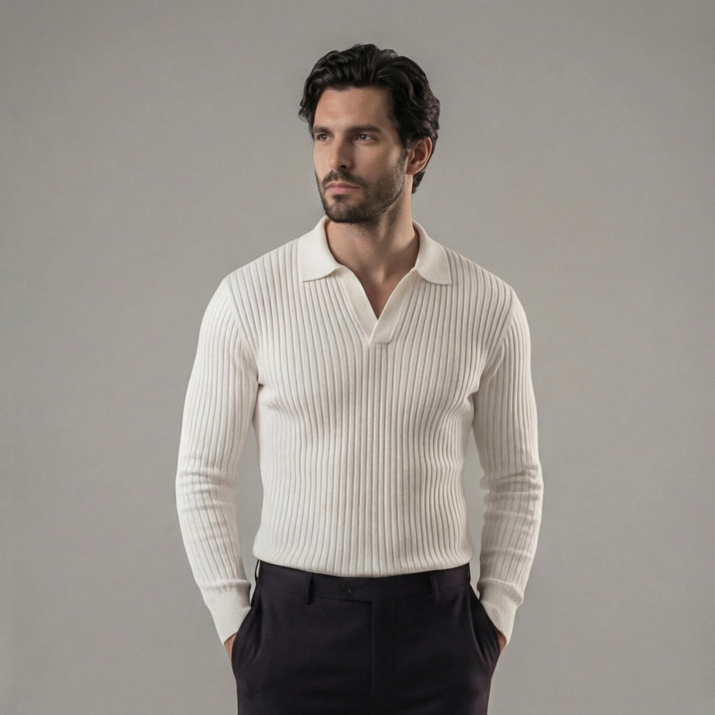 Men's V-Neck Long Sleeve Polo Shirt - Soft Cotton Blend for Casual Wear