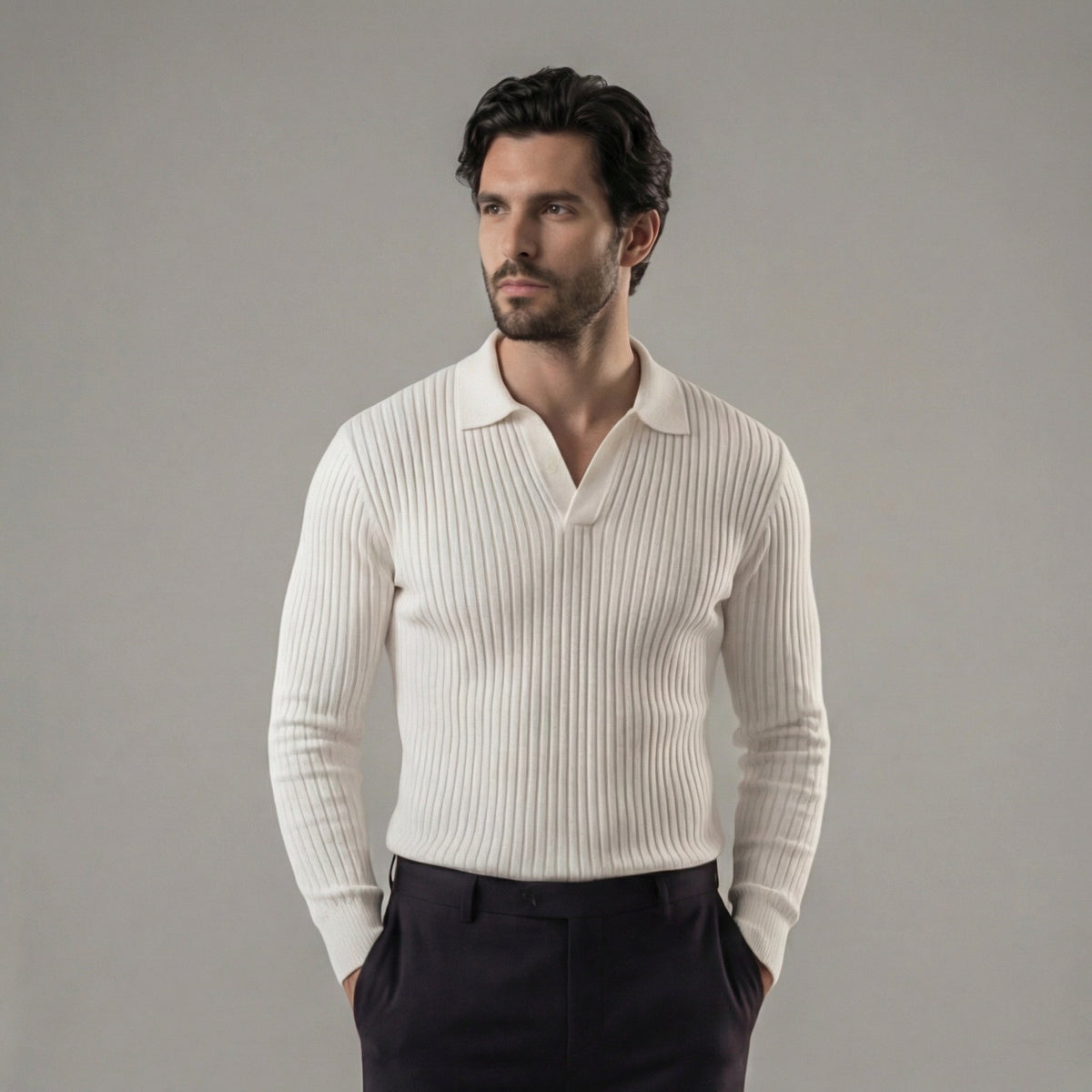 Men's V-Neck Long Sleeve Polo Shirt - Soft Cotton Blend for Casual Wear
