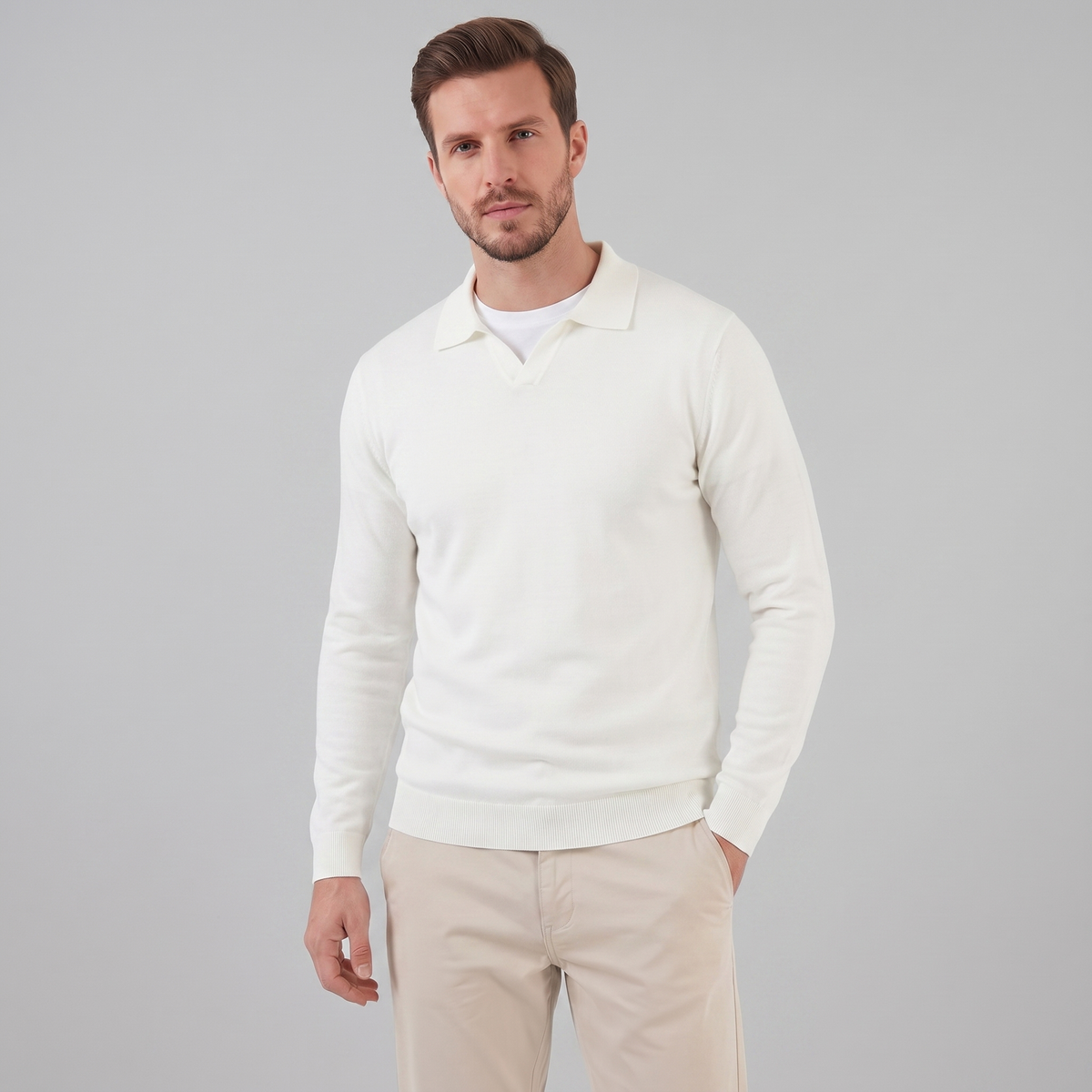 Men's Wool V-Neck Polo Shirt - Soft Knit Fabric for Casual Wear