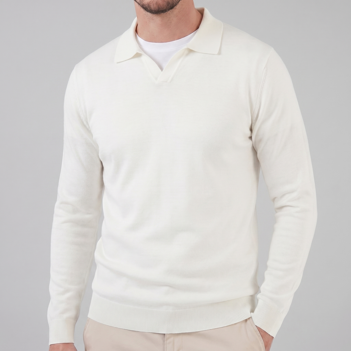 Men's Wool V-Neck Polo Shirt - Soft Knit Fabric for Casual Wear