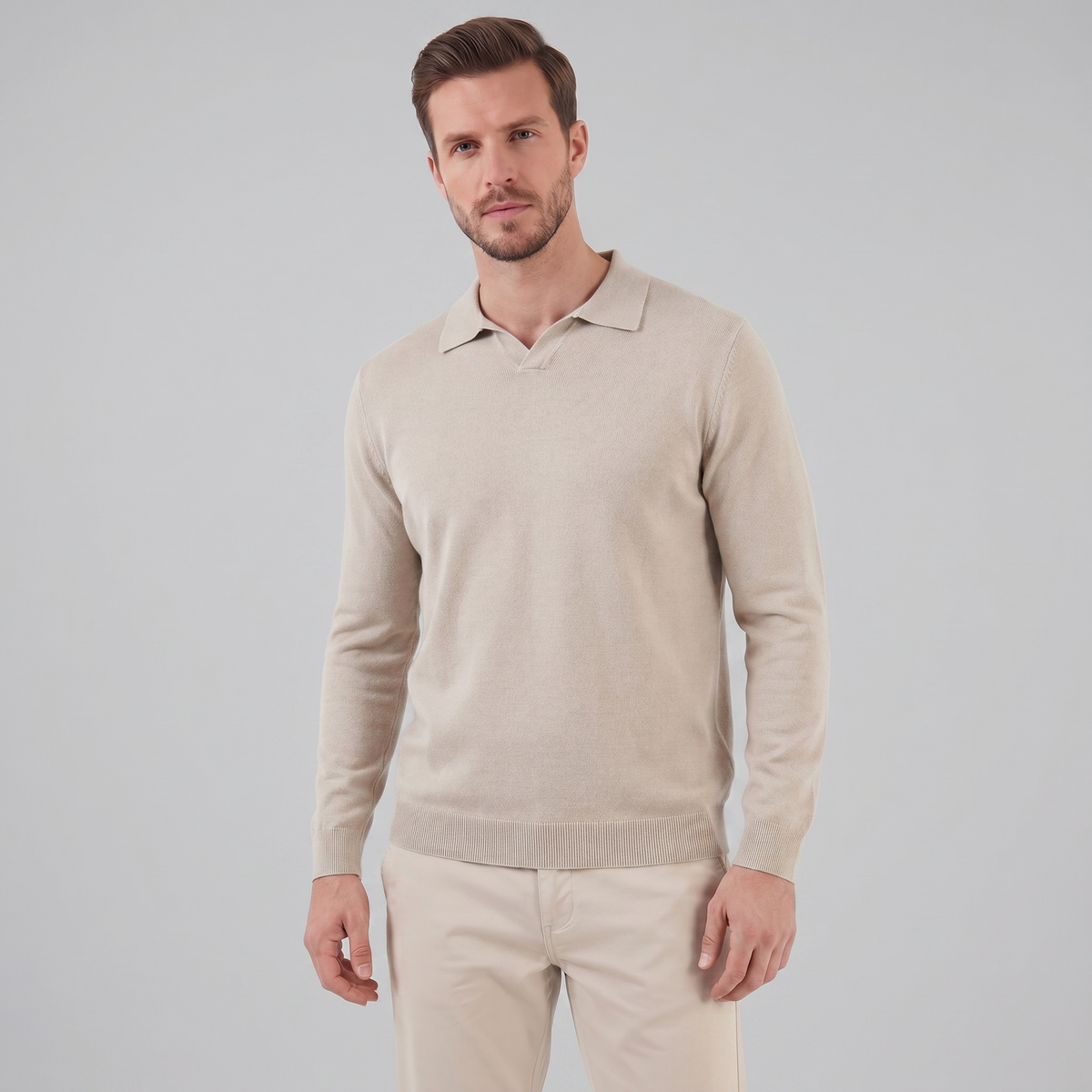 Men's Wool V-Neck Polo Shirt - Soft Knit Fabric for Casual Wear
