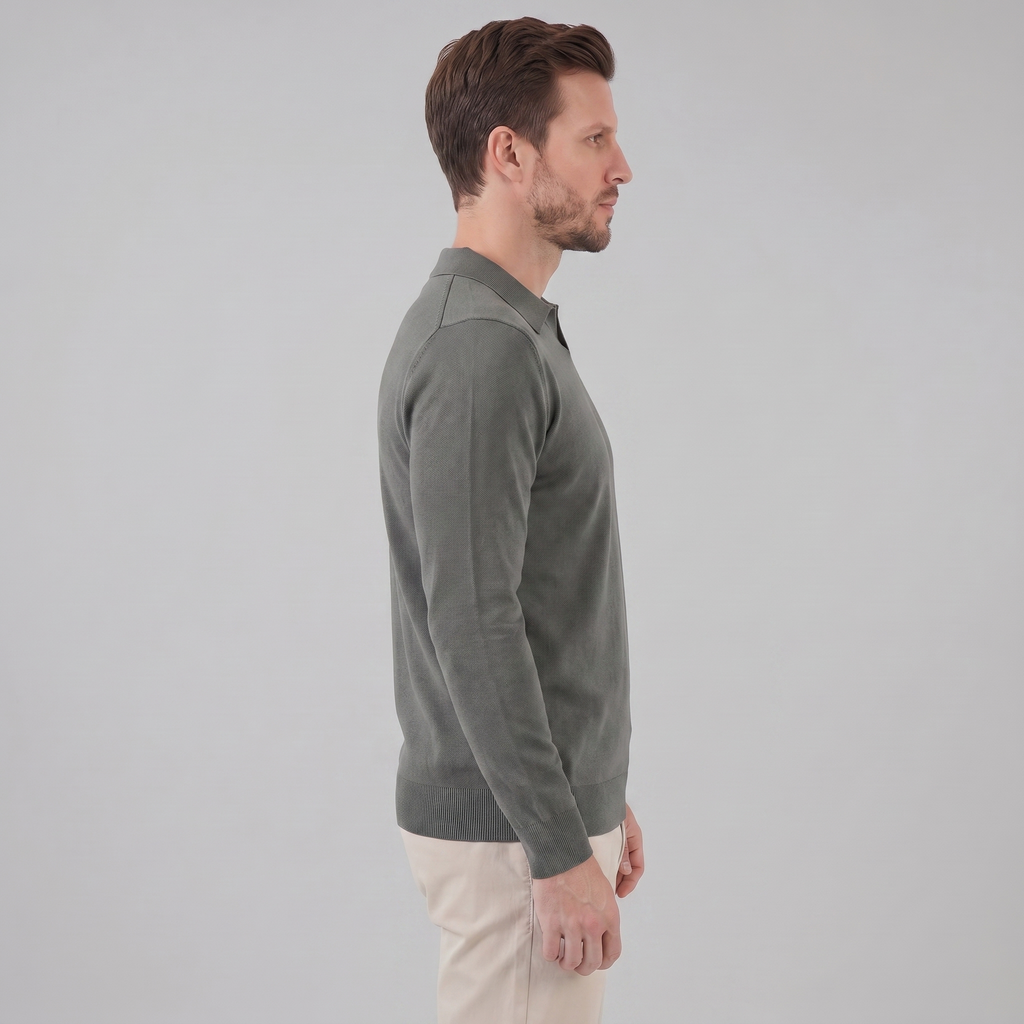 Men's Wool V-Neck Polo Shirt - Soft Knit Fabric for Casual Wear
