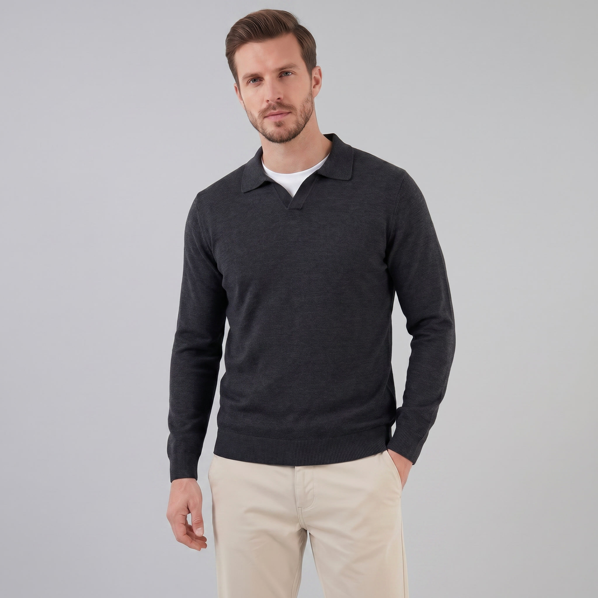Men's Wool V-Neck Polo Shirt - Soft Knit Fabric for Casual Wear