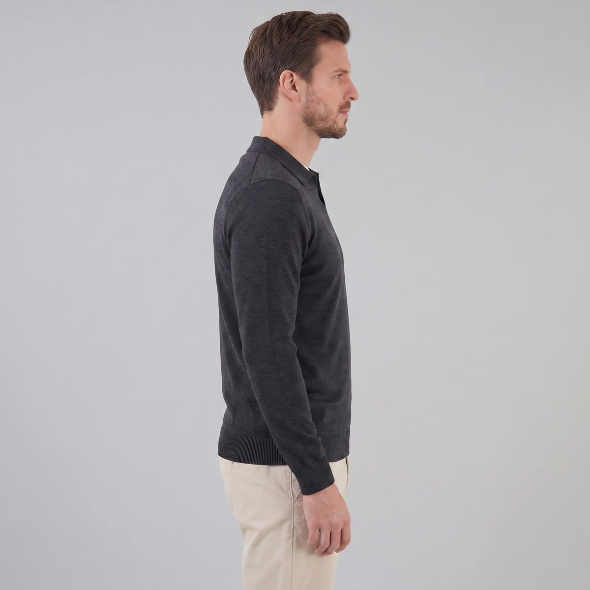 Men's Wool V-Neck Polo Shirt - Soft Knit Fabric for Casual Wear