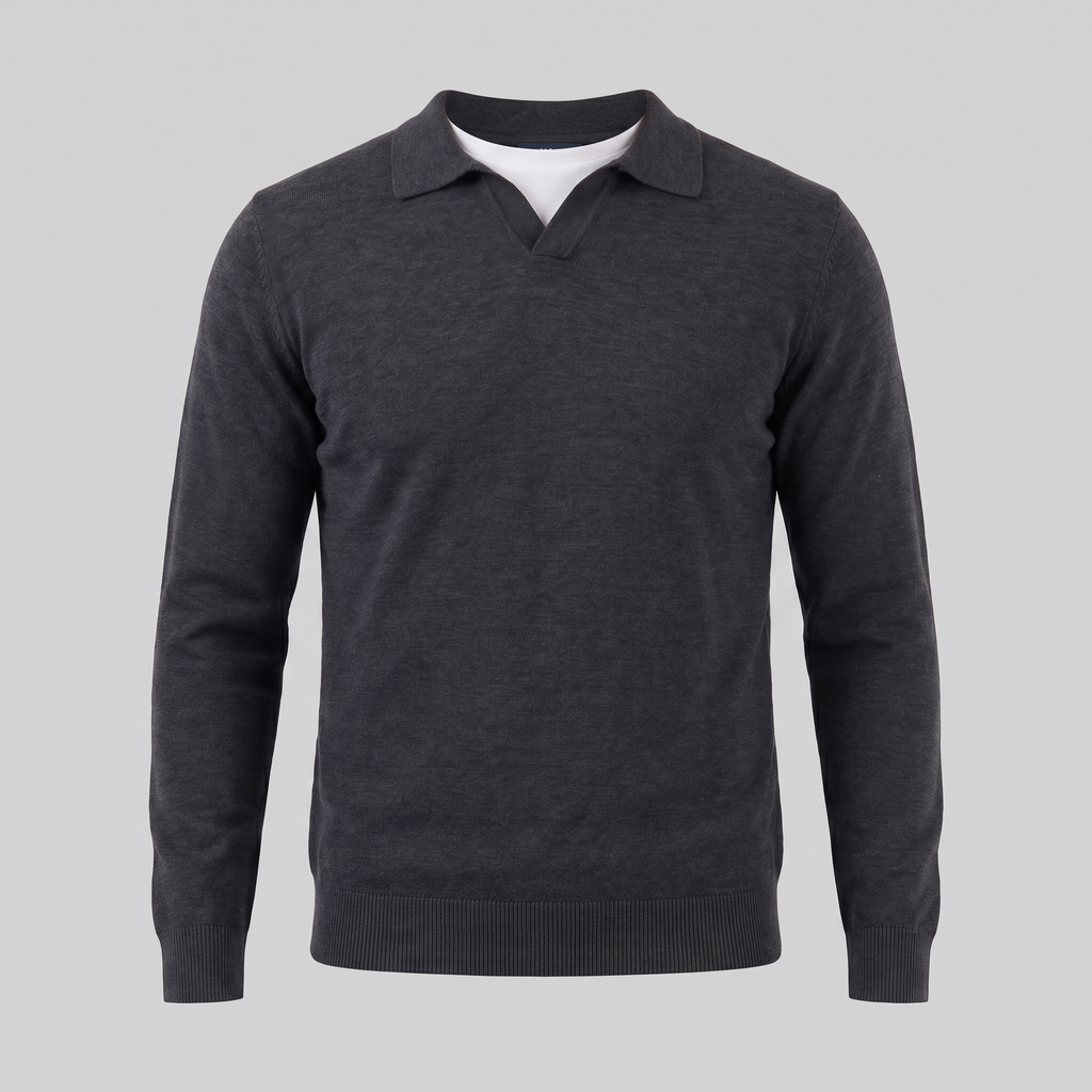 Men's Wool V-Neck Polo Shirt - Soft Knit Fabric for Casual Wear