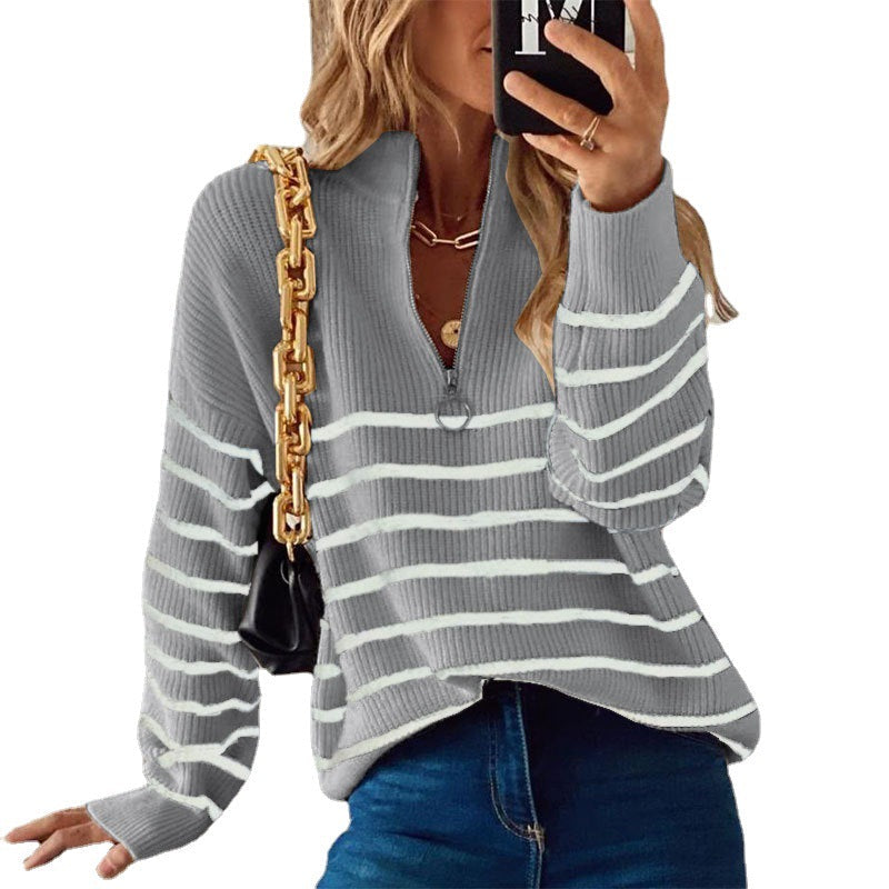 Women's Ribbed Striped Jumper with Zip Neckline for Casual Wear