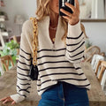 Women's Ribbed Striped Jumper with Zip Neckline for Casual Wear