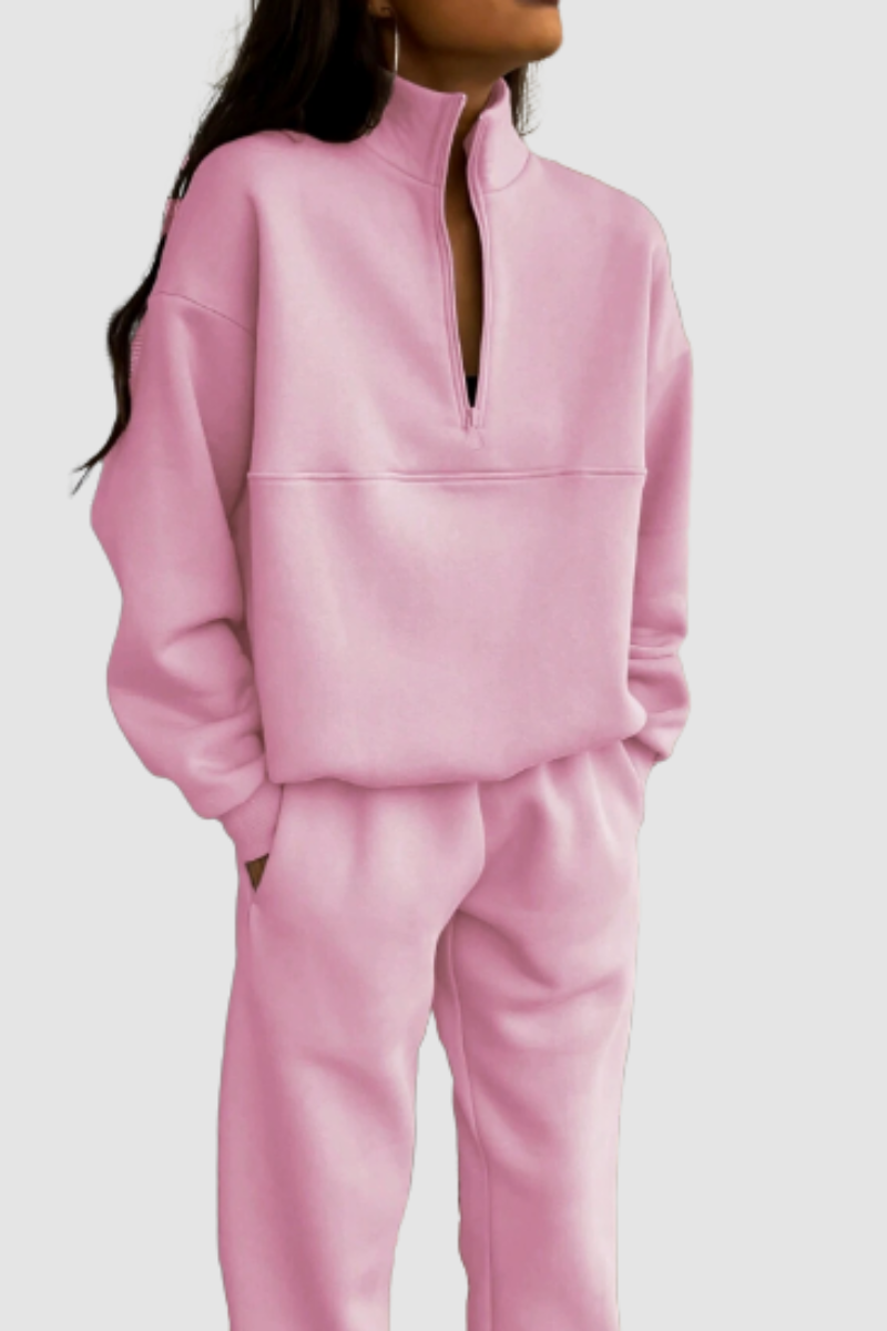 Women's Zip-Up Collar Jumper and Relaxed Fit Trousers Set for Casual Wear