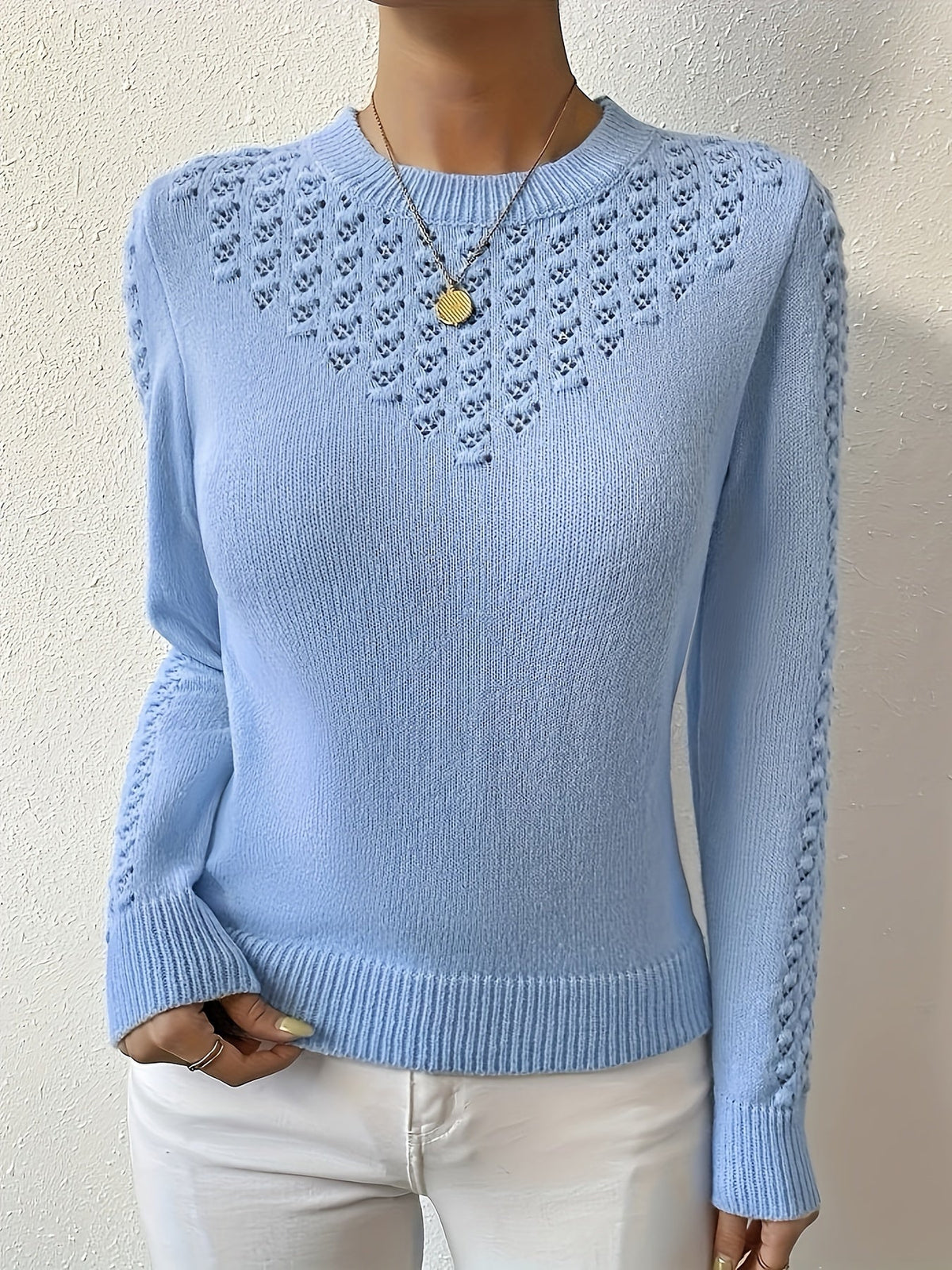 Pointelle Knit Sweater | Round Neck Design | Casual Knitwear for Women