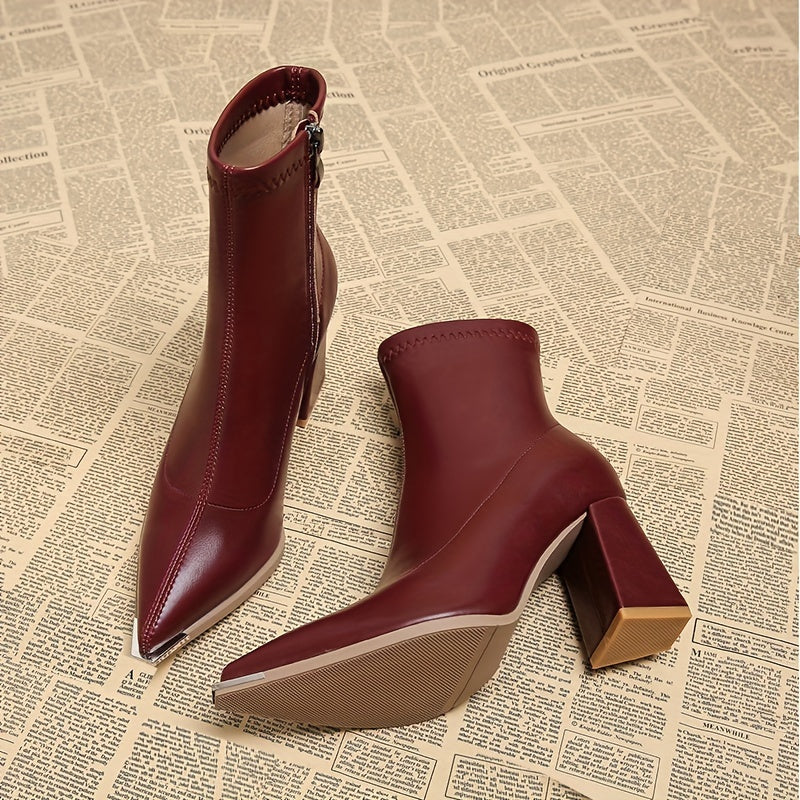 Pointed-Toe Chunky Heel Ankle Boots in Black Faux Leather for Everyday Wear