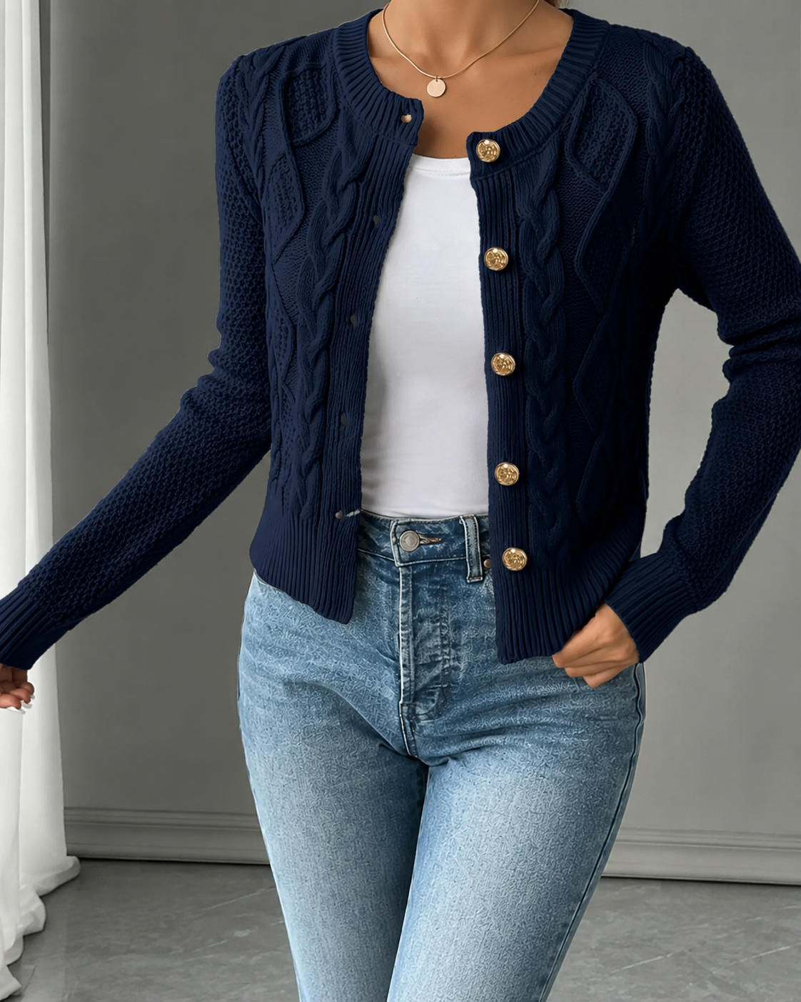 Office Chic – Soft Cable-Knit Button-Front Cardigan