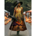 Halloween Witch Print A-Line Maxi Dress for Women in Soft Cotton Fabric