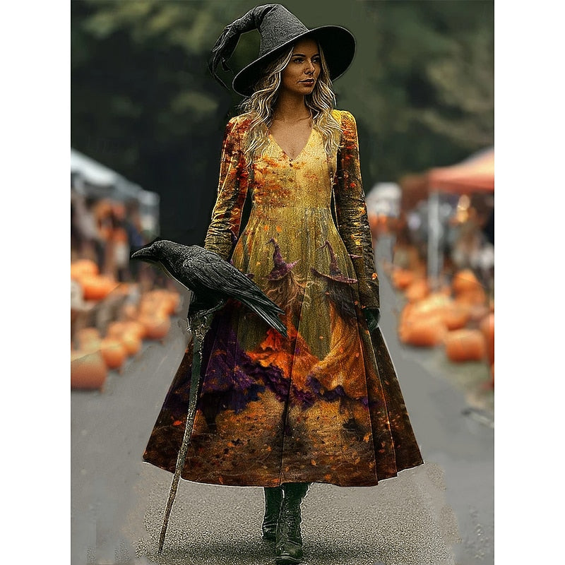 Halloween Witch Print A-Line Maxi Dress for Women in Soft Cotton Fabric