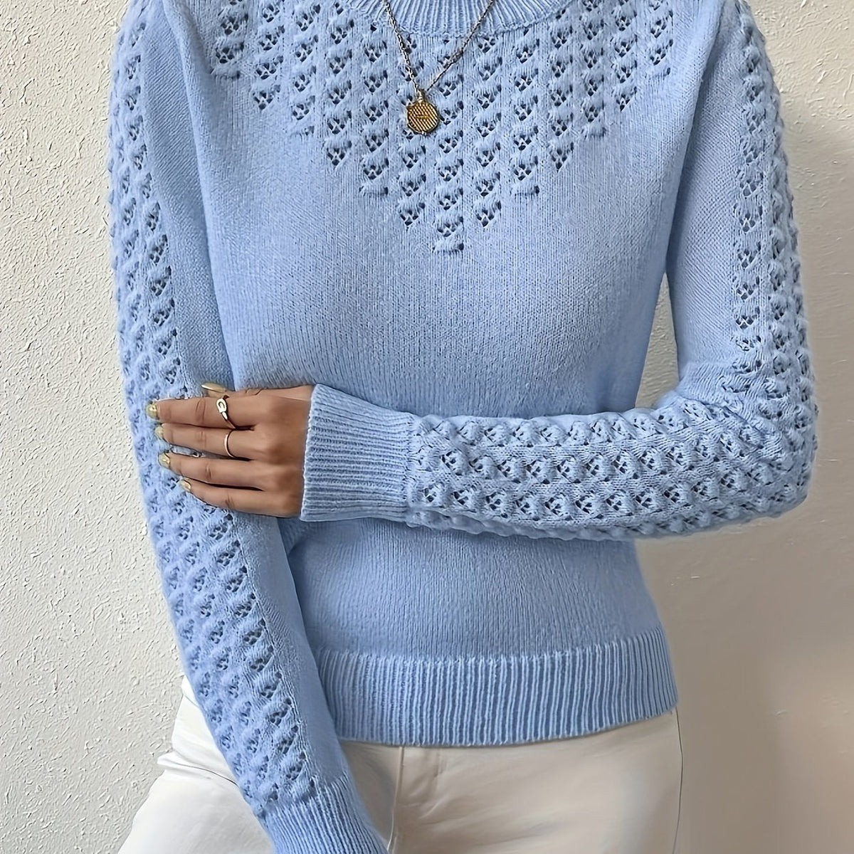 Pointelle Knit Sweater | Round Neck Design | Casual Knitwear for Women