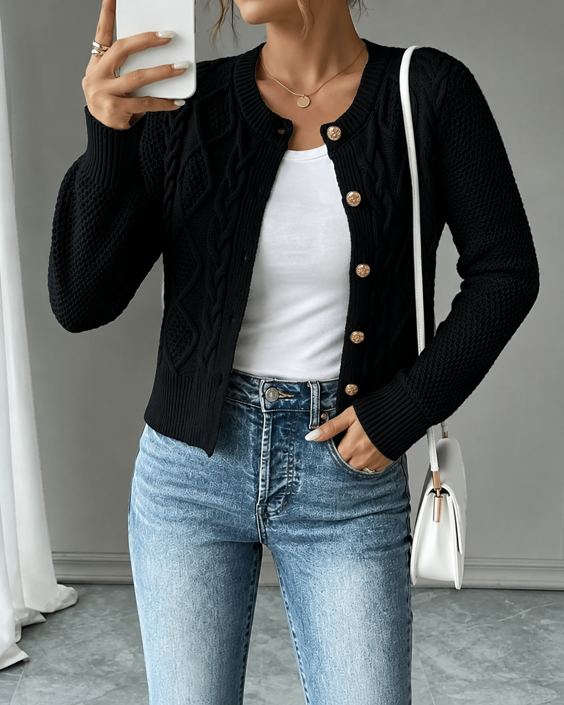 Office Chic – Soft Cable-Knit Button-Front Cardigan