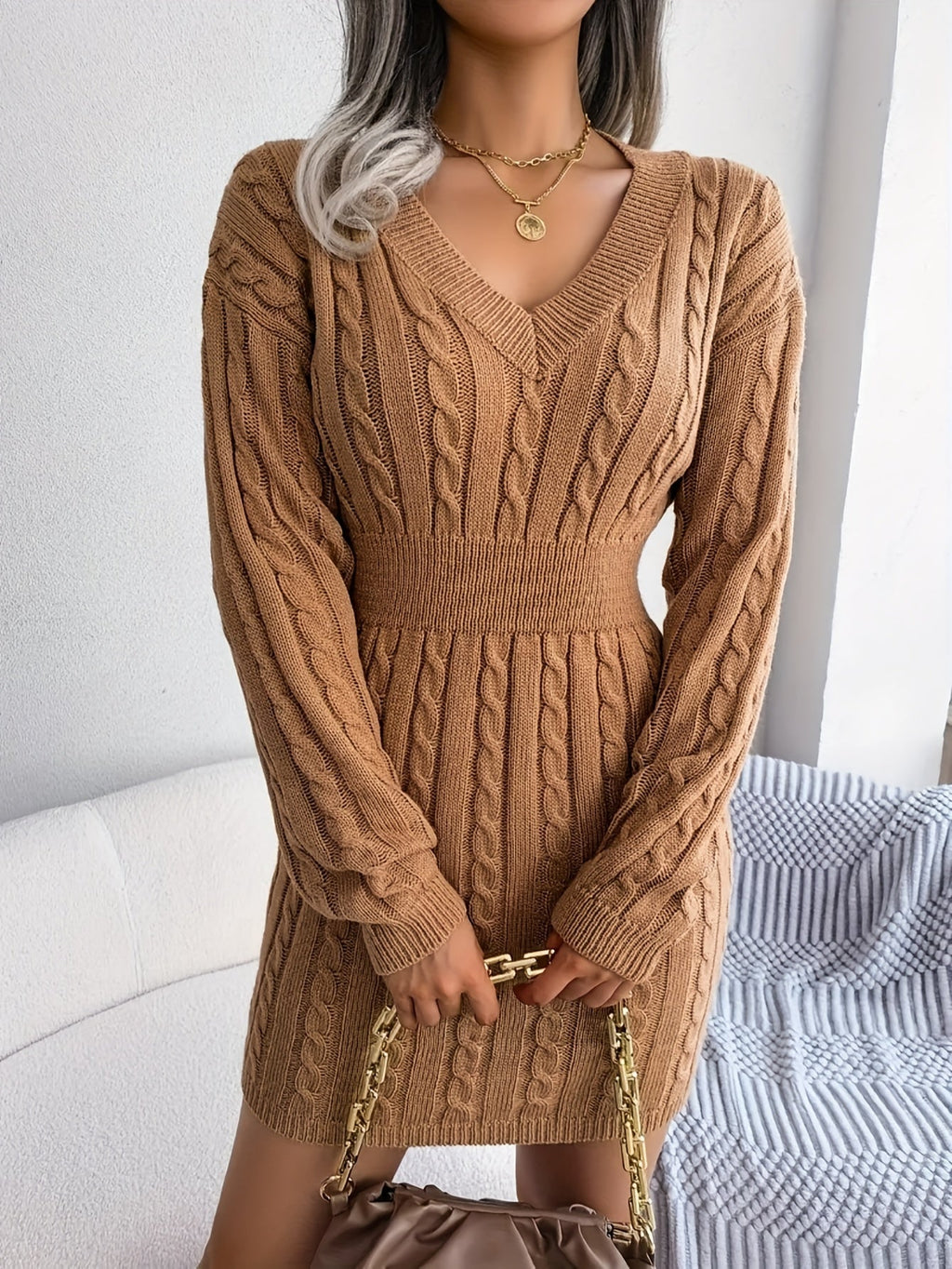 Cable-Knit Peplum Sweater Dress in Soft Fabric for Casual Wear