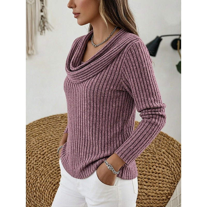 Cowl-Neck Ribbed Knit Top for Women - Casual Wear Sweater