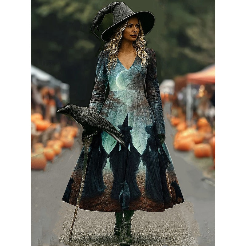 Halloween Witch Print A-Line Maxi Dress for Women in Soft Cotton Fabric