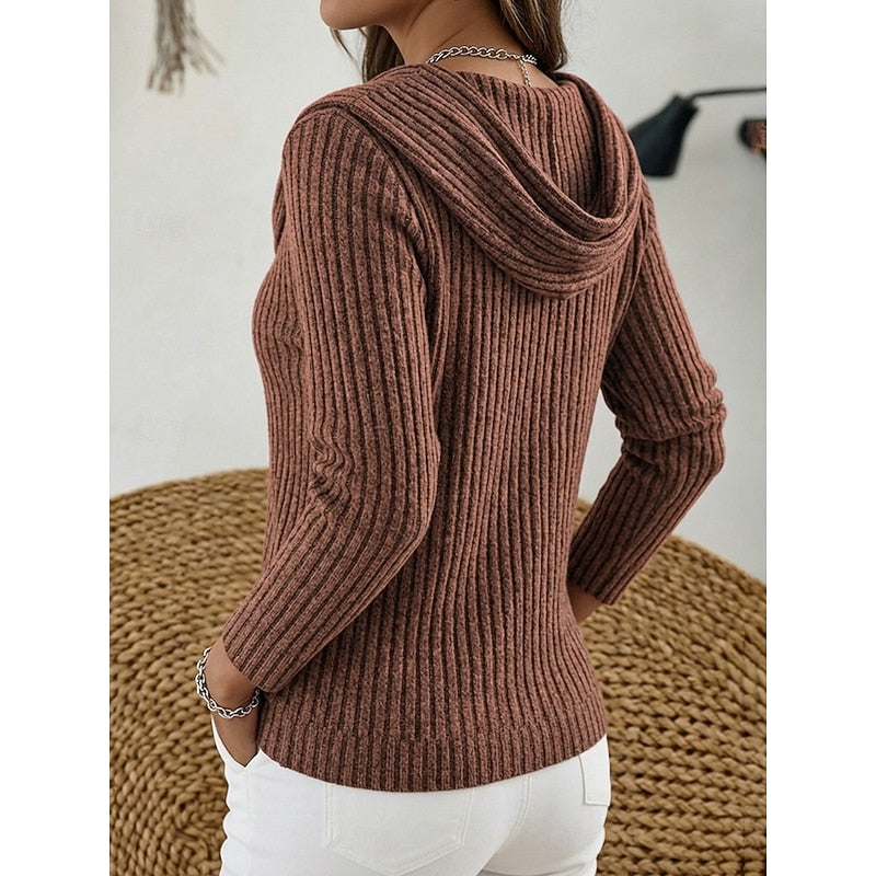 Cowl-Neck Ribbed Knit Top for Women - Casual Wear Sweater