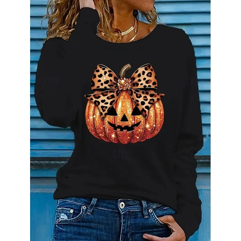 Sparkling Halloween Pumpkin Graphic Top | Women's Casual Costume Shirt