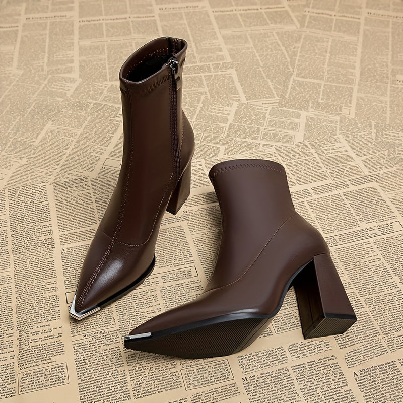 Pointed-Toe Chunky Heel Ankle Boots in Black Faux Leather for Everyday Wear