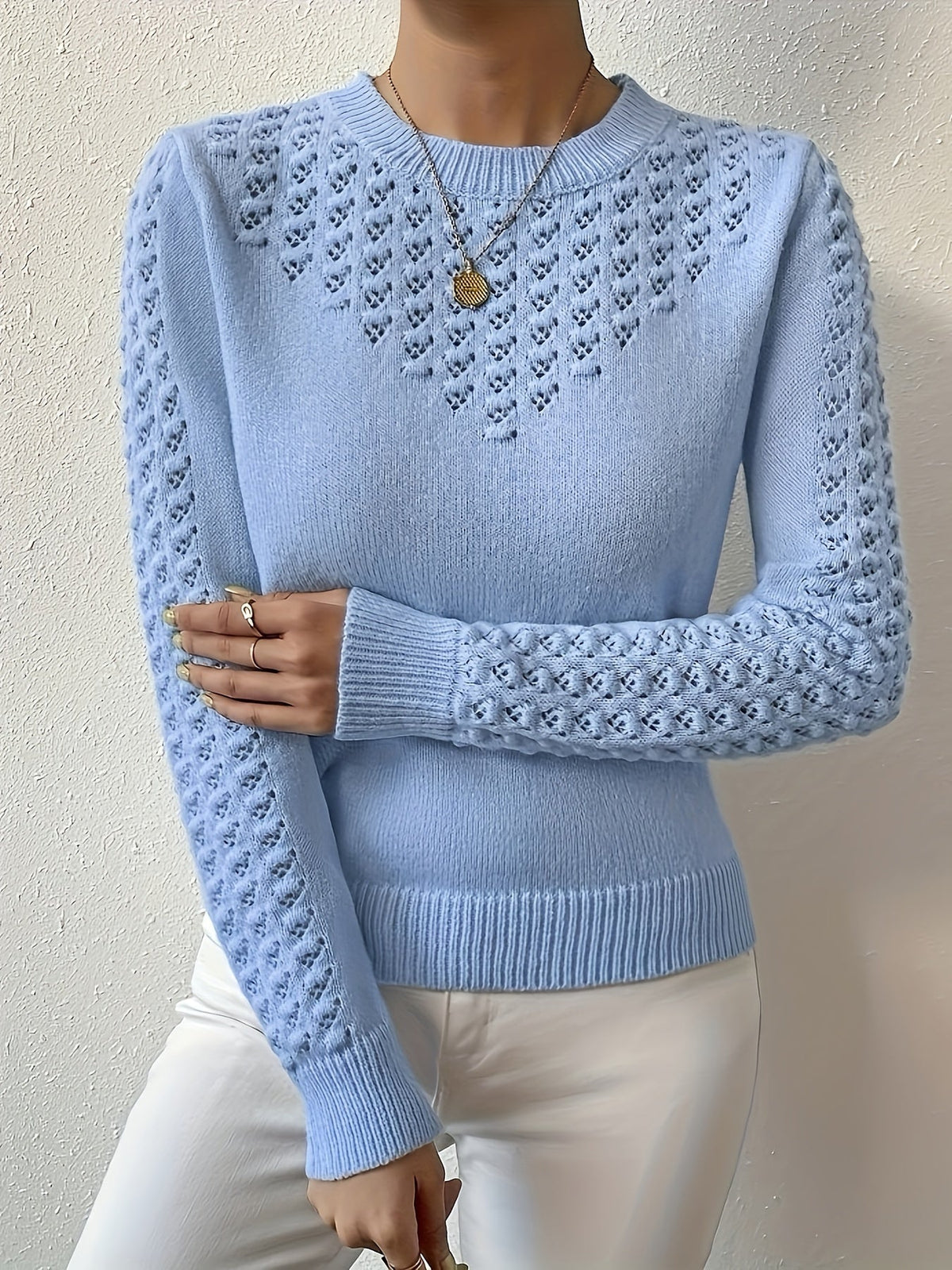 Pointelle Knit Sweater | Round Neck Design | Casual Knitwear for Women