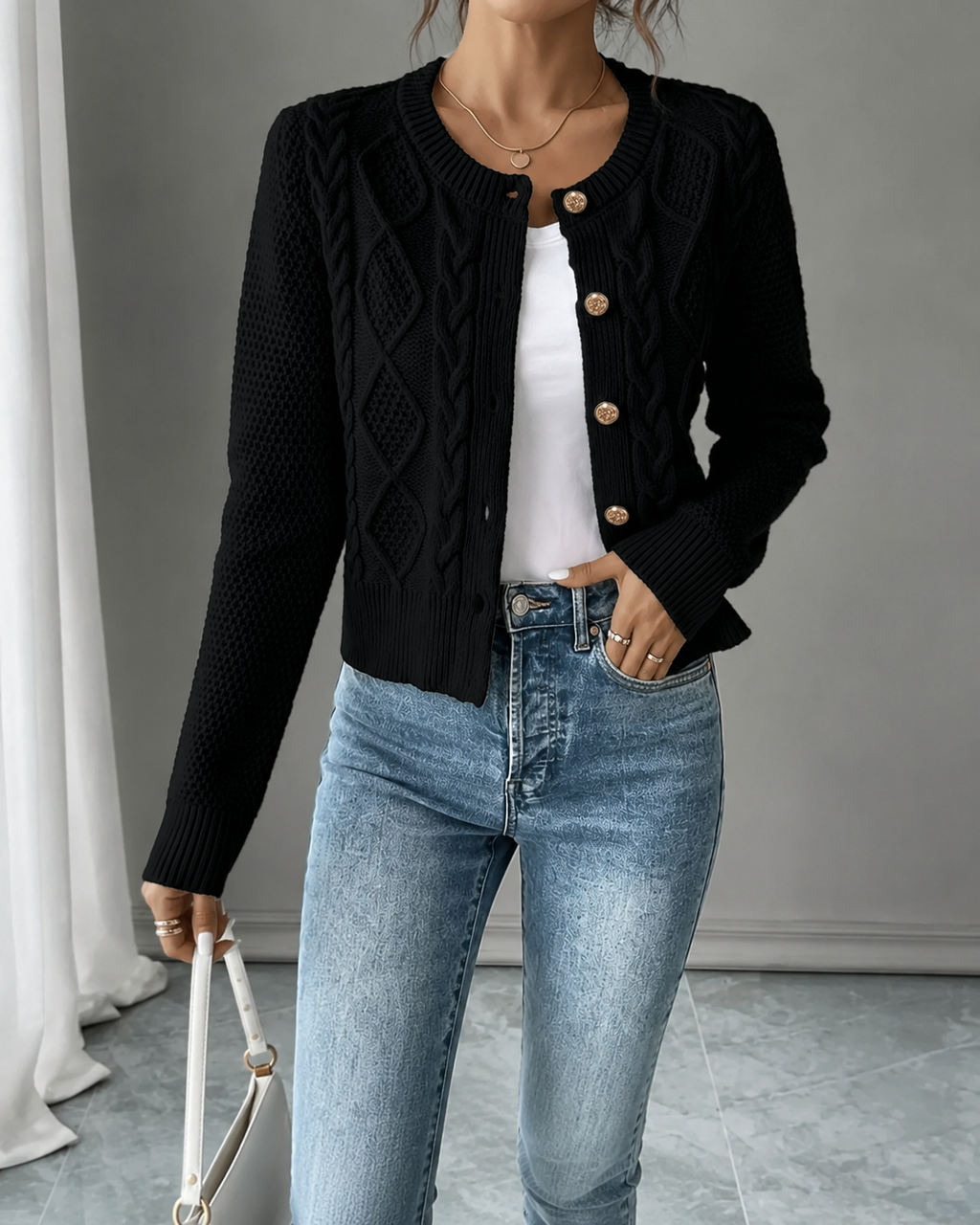 Office Chic – Soft Cable-Knit Button-Front Cardigan