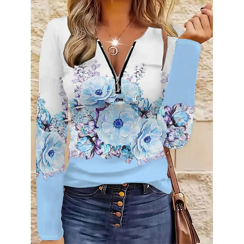 Floral Quarter-Zip Long Sleeve Top - Women's Casual Wear