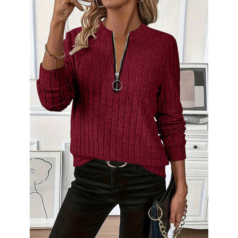 Ribbed Zip-Neck Top in Soft Fabric for Casual Wear and Layering