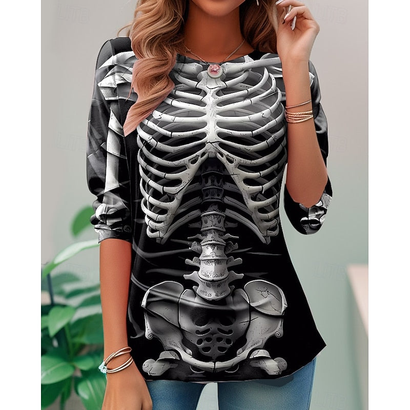 Halloween Skeleton Long-Sleeve T-Shirt for Women, Casual Spooky Style