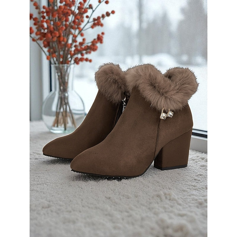 Fur-Trimmed Block Heel Ankle Boots for Women - Stylish Winter Footwear