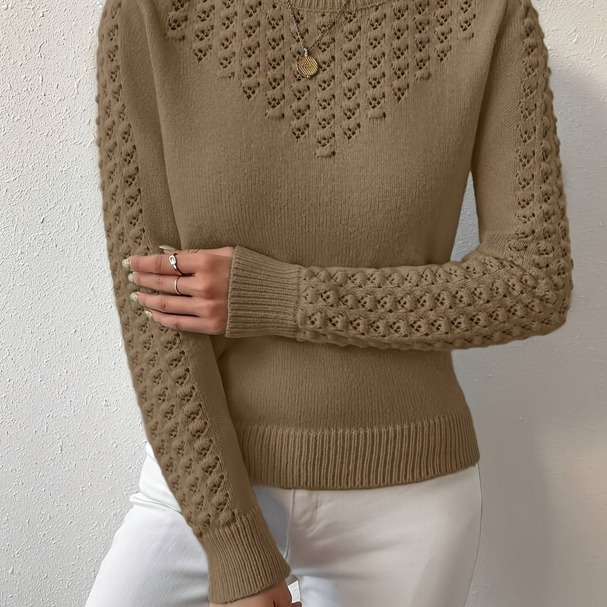 Pointelle Knit Sweater | Round Neck Design | Casual Knitwear for Women