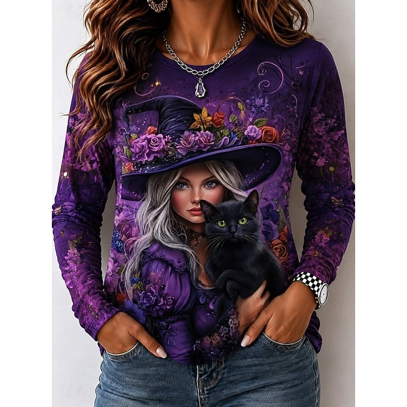 Halloween Witch Graphic Long Sleeve T-Shirt for Autumn Casual Wear