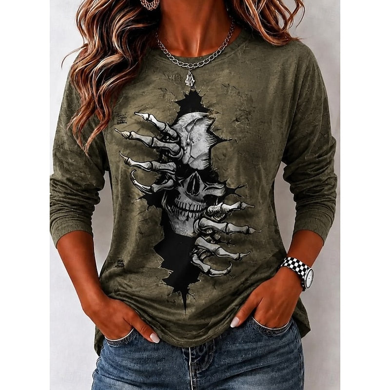 Halloween Skull Graphic Long Sleeve Top for Women, Cotton Blend Casual Tee