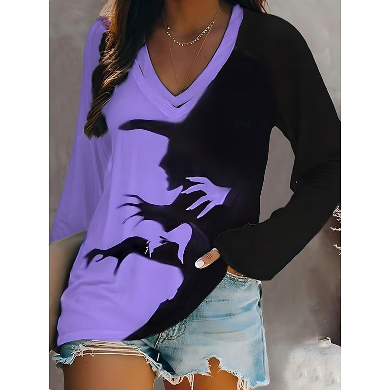Halloween Graphic V-Neck Top for Women - Spooky Theme Casual Wear