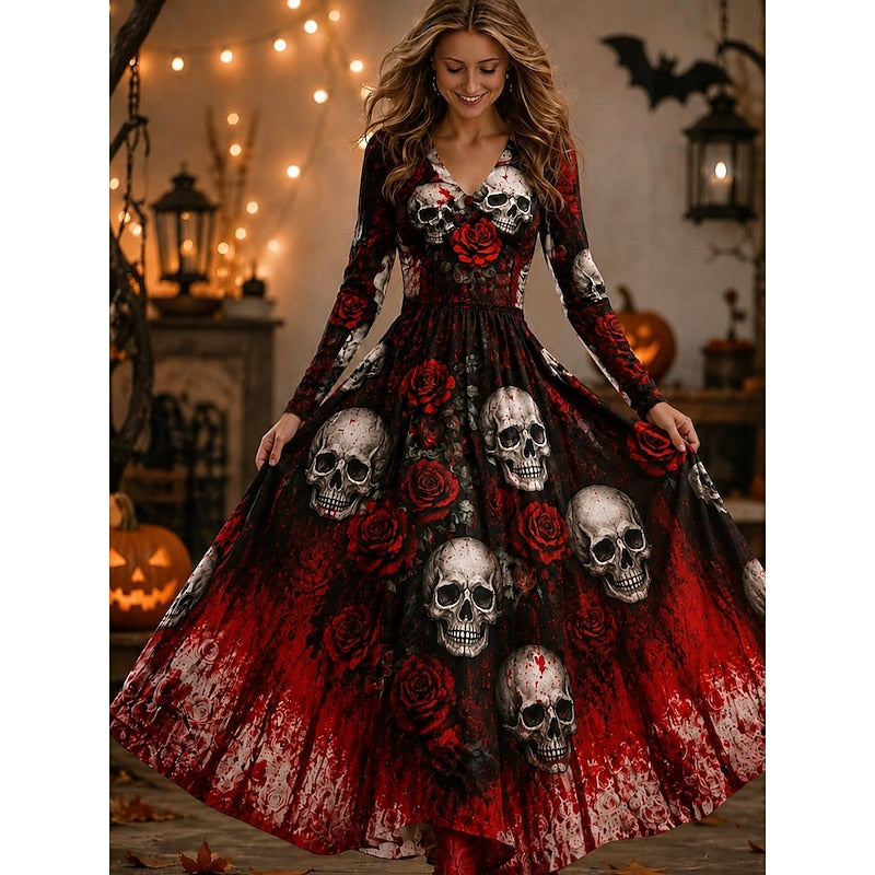 Halloween Skeleton Print Maxi Dress for Women - Spooky Style, Comfortable Fabric