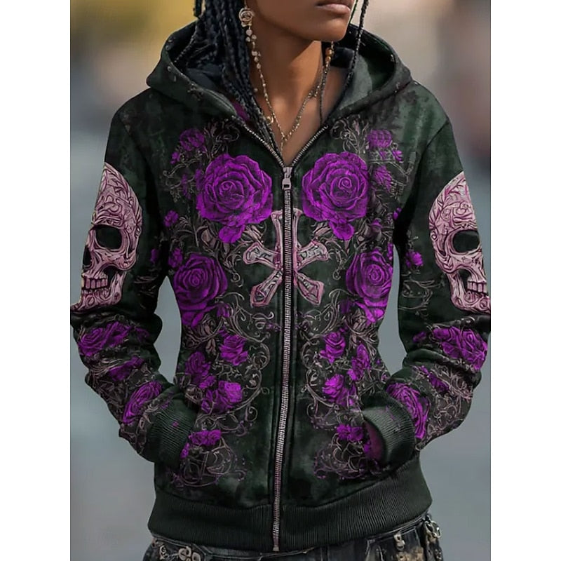 Skull & Rose Halloween Zip-Up Hoodie for Men and Women, Cotton Blend