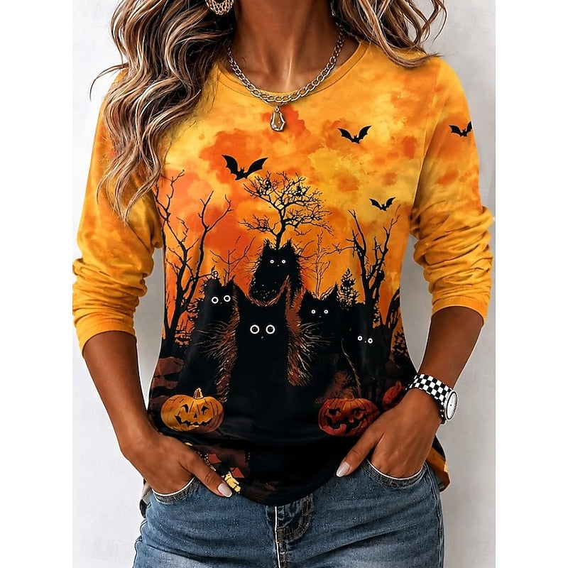 Halloween Witch Graphic Long Sleeve T-Shirt for Autumn Casual Wear