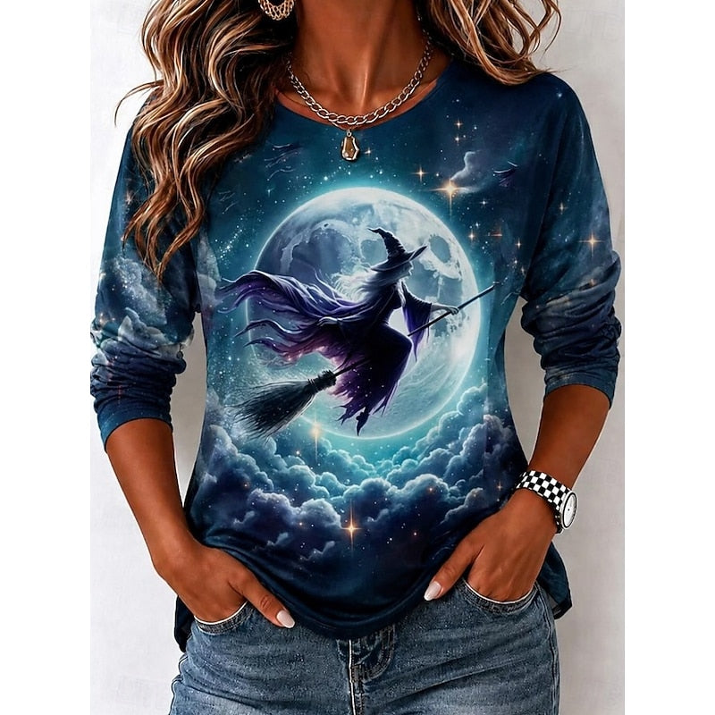 Halloween Witch Graphic Long Sleeve T-Shirt for Autumn Casual Wear