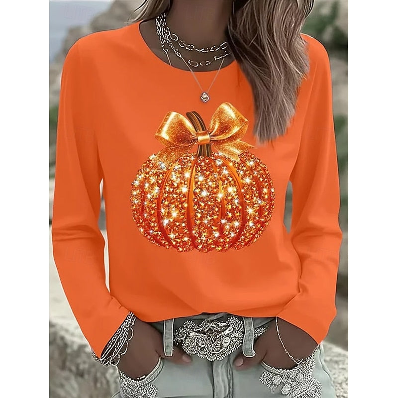 Sparkling Halloween Pumpkin Graphic Top | Women's Casual Costume Shirt