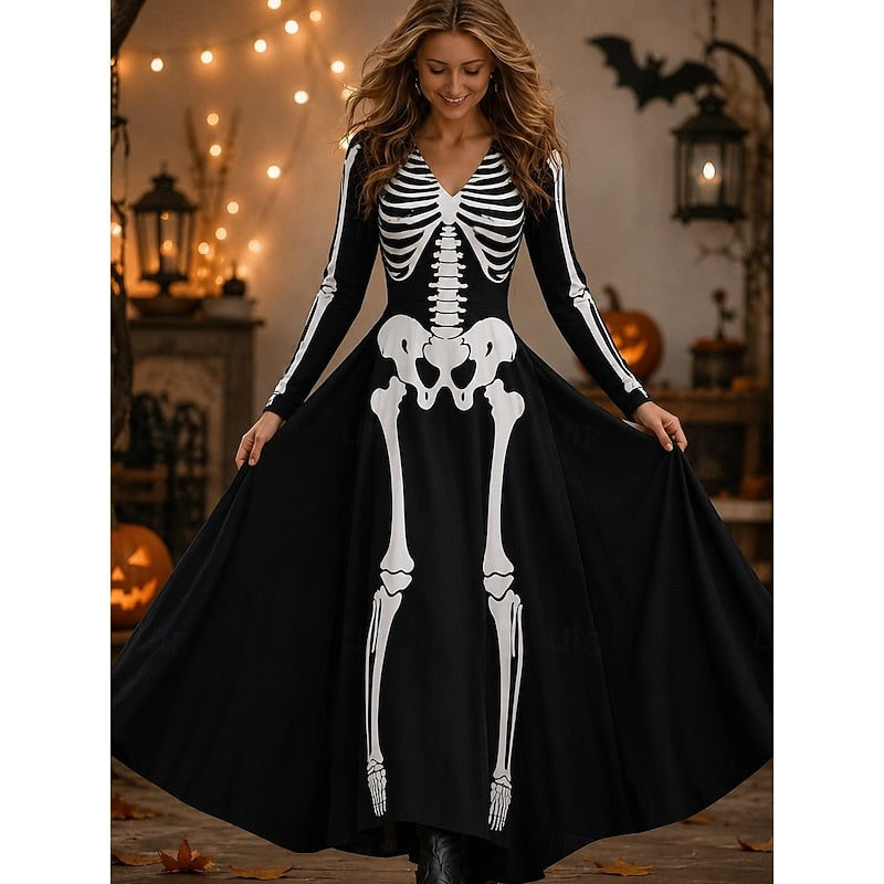 Halloween Skeleton Print Maxi Dress for Women - Spooky Style, Comfortable Fabric