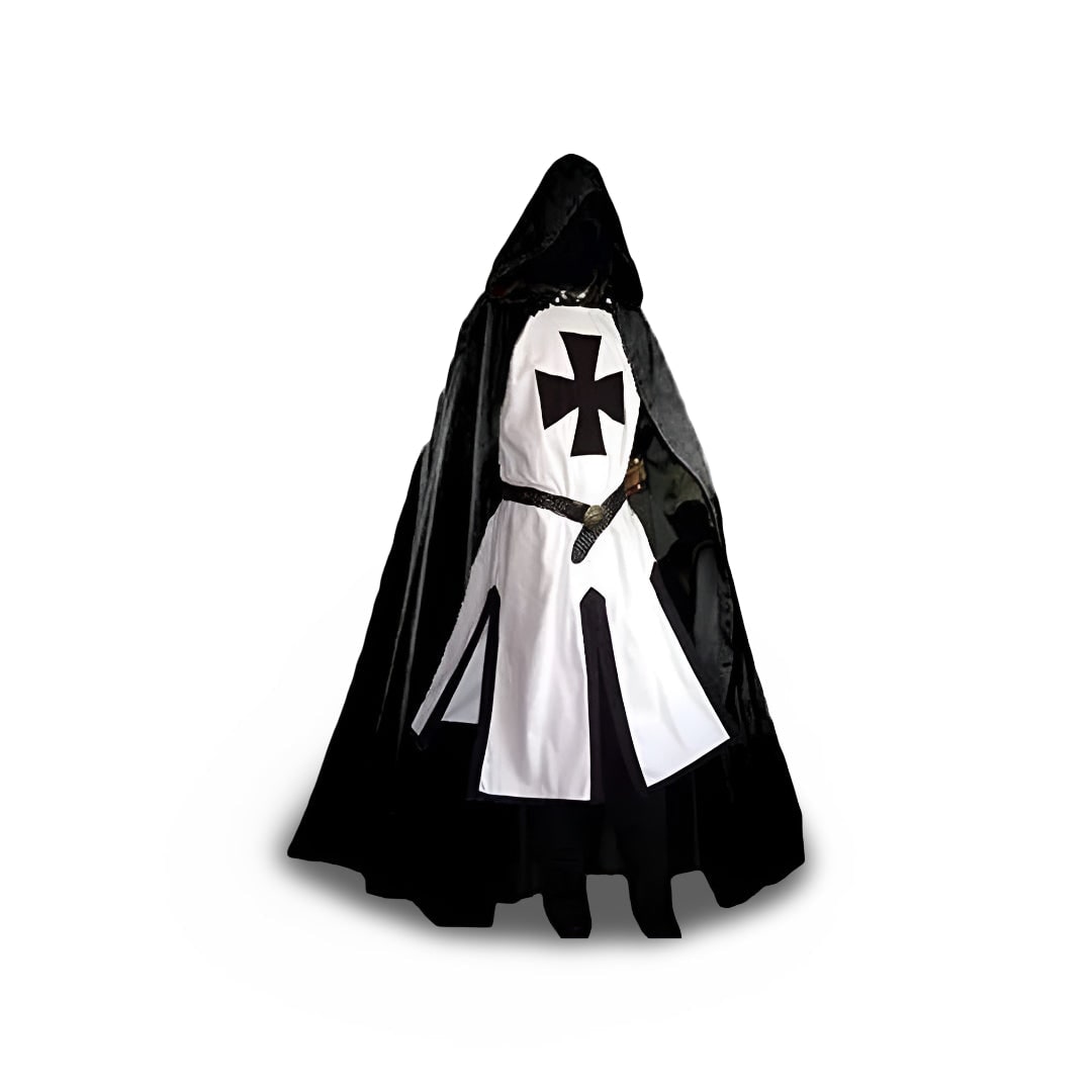 Medieval Knight Costume Tunic with Hood and Templar Cross for Halloween Cosplay