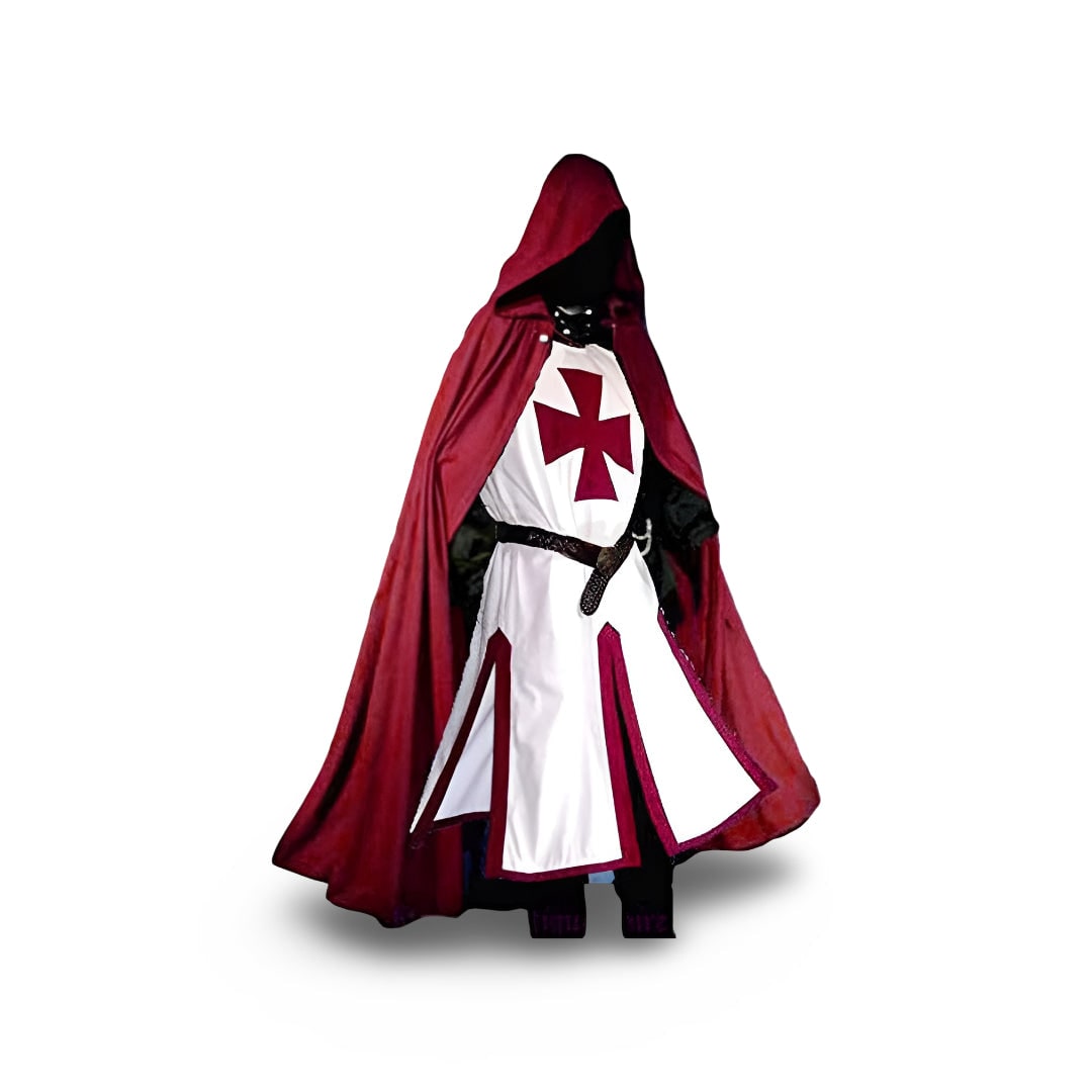Medieval Knight Costume Tunic with Hood and Templar Cross for Halloween Cosplay
