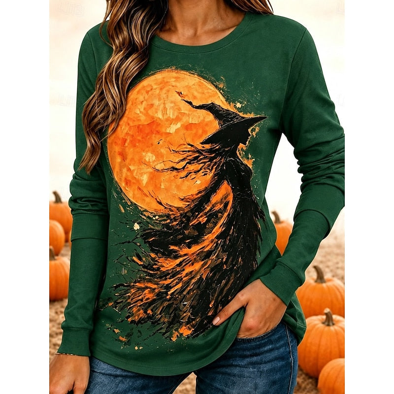 Witch Graphic Long-Sleeve Top | Halloween Theme | Soft Cotton Blend