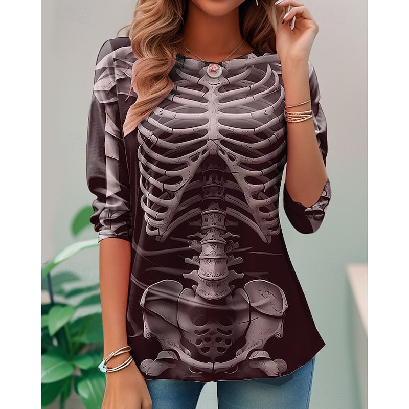 Halloween Skeleton Long-Sleeve T-Shirt for Women, Casual Spooky Style