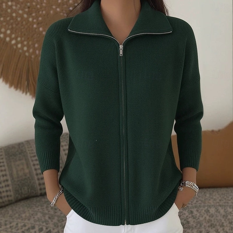 Stand Collar Zip Cardigan - Soft Knit - Women's Casual Outerwear