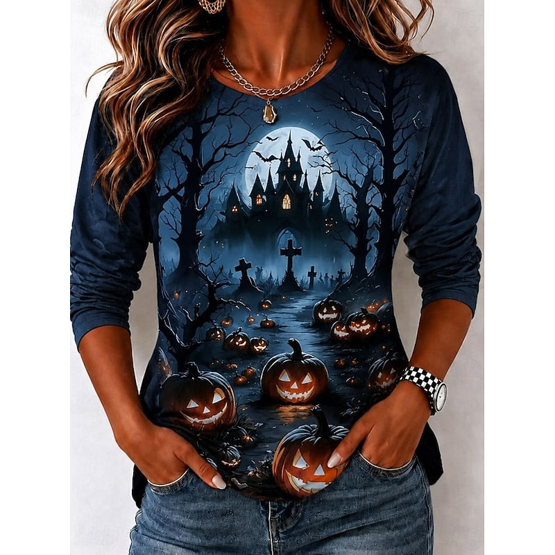 Halloween Witch Graphic Long Sleeve T-Shirt for Autumn Casual Wear