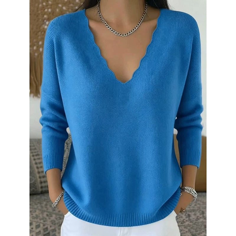 Scalloped V-Neck Halloween Pullover Sweater for Women, Cozy Casual Style