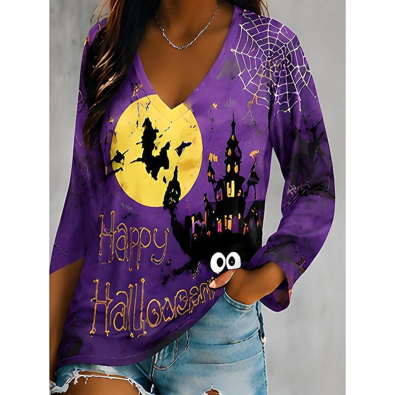Halloween Graphic V-Neck Top for Women | Autumn-Inspired Casual Wear