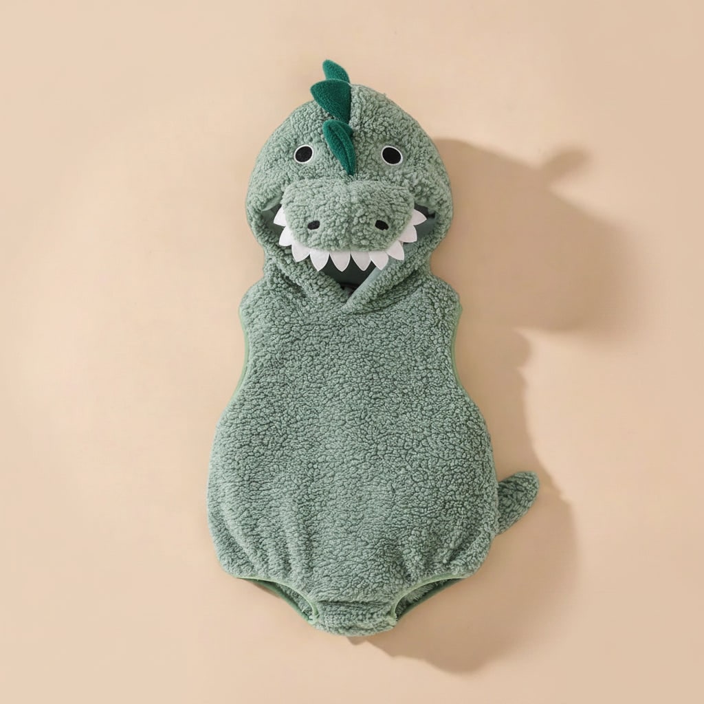 Toddler Dinosaur Costume Romper with Hood, Spikes, and Tail for Halloween